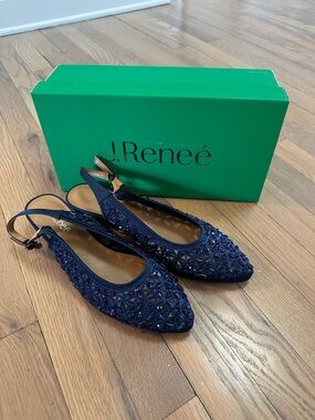 J.Renee Navy Laser-Cut Beaded Slingback Flats